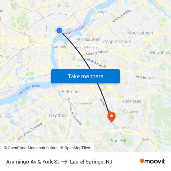 Aramingo Av & York St to Laurel Springs, NJ map