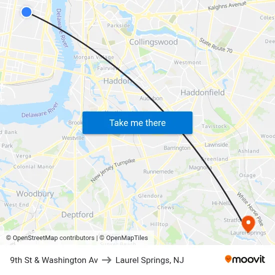 9th St & Washington Av to Laurel Springs, NJ map