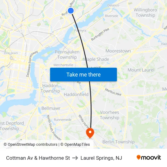 Cottman Av & Hawthorne St to Laurel Springs, NJ map