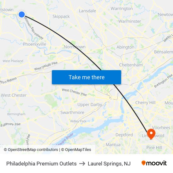 Philadelphia Premium Outlets to Laurel Springs, NJ map