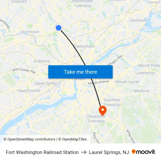 Fort Washington Railroad Station to Laurel Springs, NJ map
