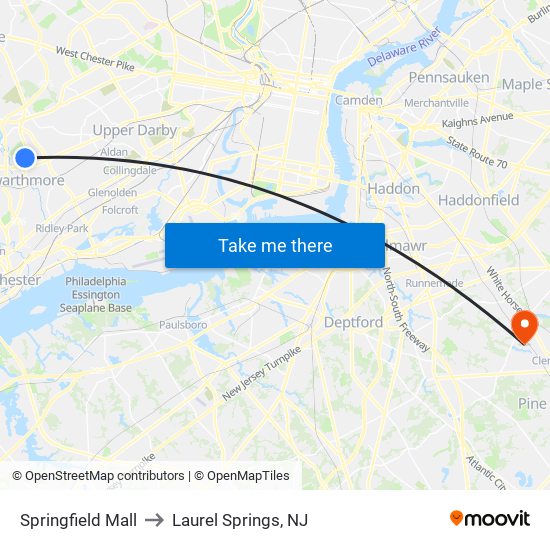 Springfield Mall to Laurel Springs, NJ map