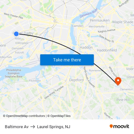 Baltimore Av to Laurel Springs, NJ map