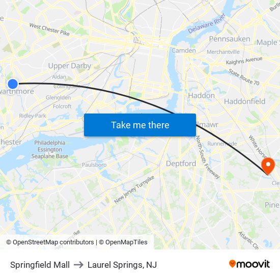 Springfield Mall to Laurel Springs, NJ map