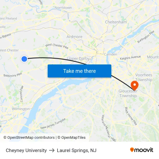 Cheyney University to Laurel Springs, NJ map