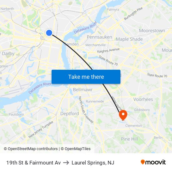 19th St & Fairmount Av to Laurel Springs, NJ map