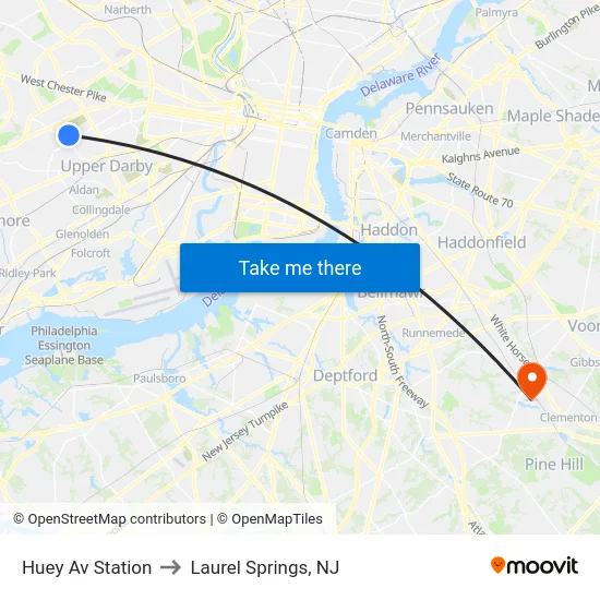 Huey Av Station to Laurel Springs, NJ map