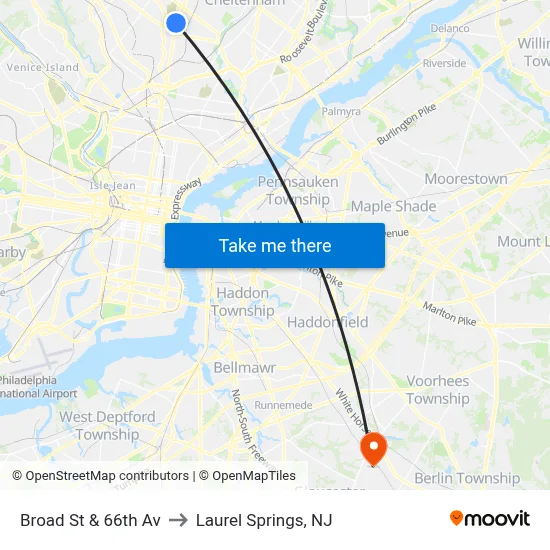 Broad St & 66th Av to Laurel Springs, NJ map