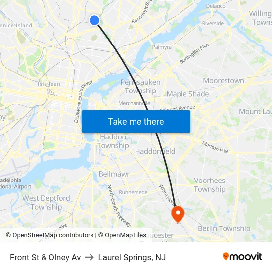 Front St & Olney Av to Laurel Springs, NJ map