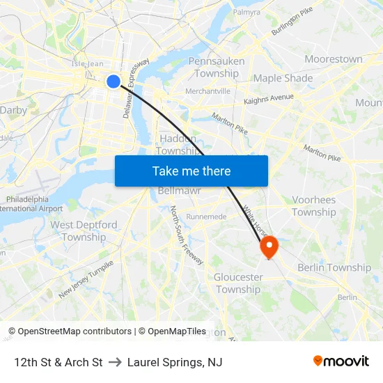 12th St & Arch St to Laurel Springs, NJ map