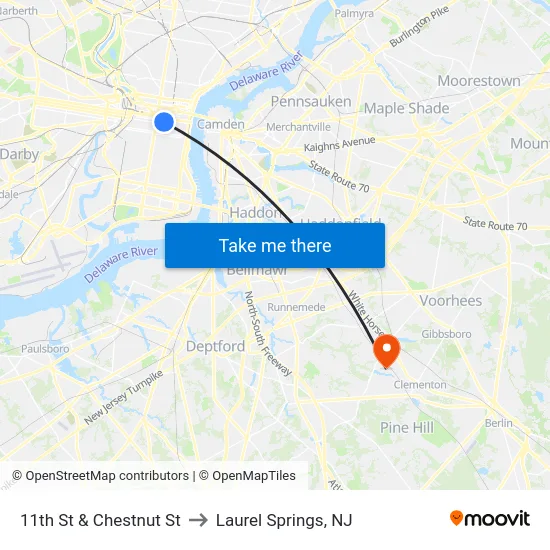 11th St & Chestnut St to Laurel Springs, NJ map
