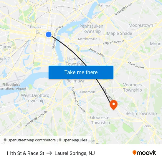 11th St & Race St to Laurel Springs, NJ map