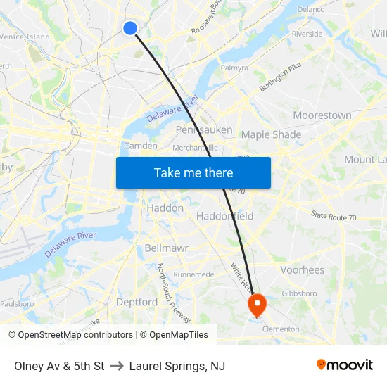 Olney Av & 5th St to Laurel Springs, NJ map