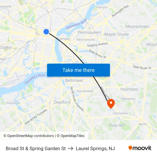 Broad St & Spring Garden St to Laurel Springs, NJ map