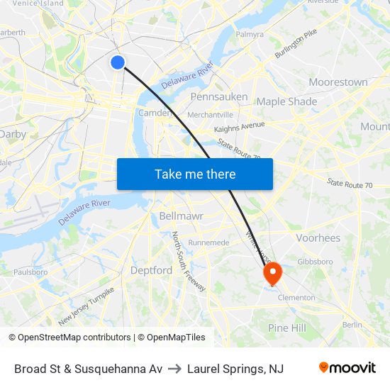 Broad St & Susquehanna Av to Laurel Springs, NJ map