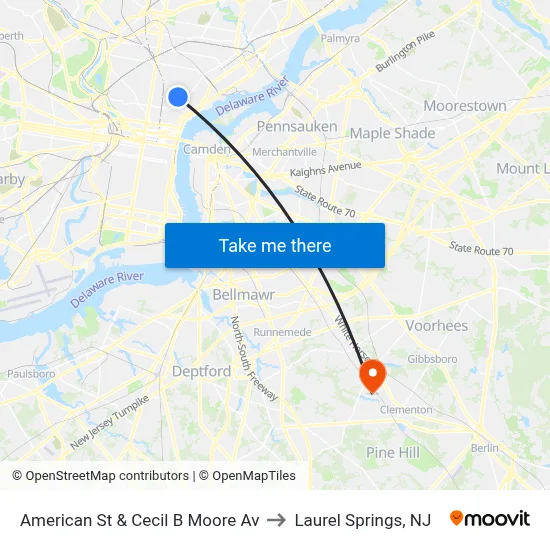American St & Cecil B Moore Av to Laurel Springs, NJ map