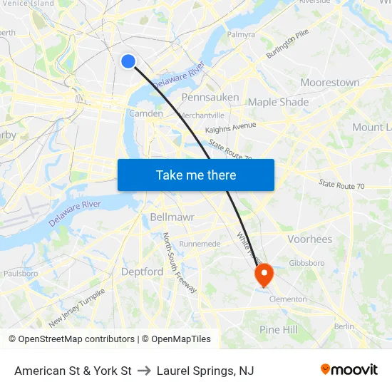 American St & York St to Laurel Springs, NJ map