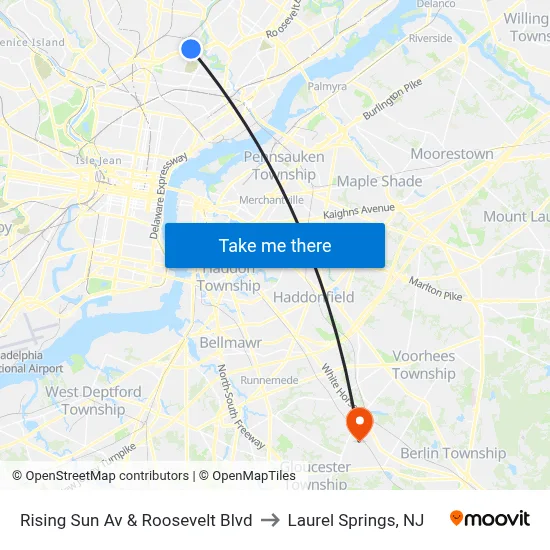 Rising Sun Av & Roosevelt Blvd to Laurel Springs, NJ map