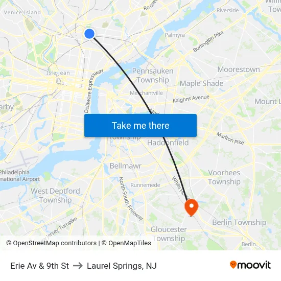 Erie Av & 9th St to Laurel Springs, NJ map