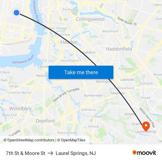 7th St & Moore St to Laurel Springs, NJ map