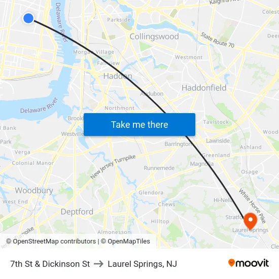 7th St & Dickinson St to Laurel Springs, NJ map