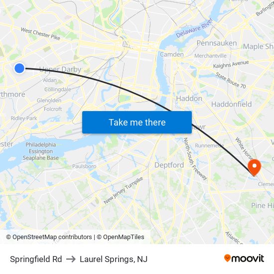 Springfield Rd to Laurel Springs, NJ map