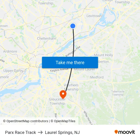 Parx Race Track to Laurel Springs, NJ map