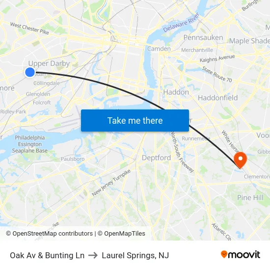 Oak Av & Bunting Ln to Laurel Springs, NJ map