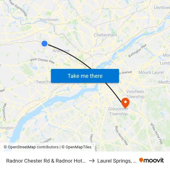 Radnor Chester Rd & Radnor Hotel Dr to Laurel Springs, NJ map