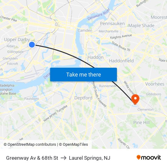 Greenway Av & 68th St to Laurel Springs, NJ map