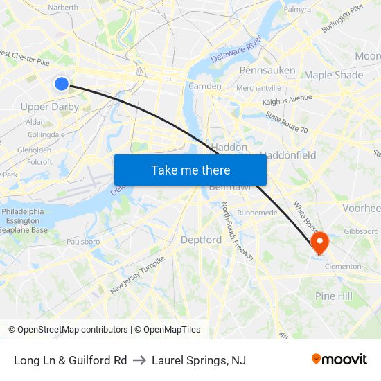 Long Ln & Guilford Rd to Laurel Springs, NJ map