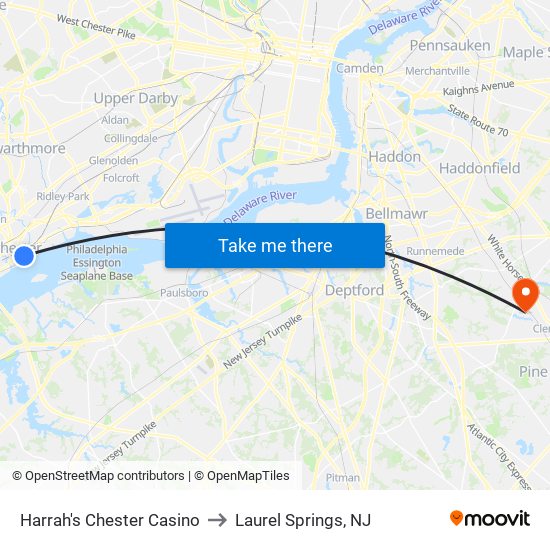 Harrah's Chester Casino to Laurel Springs, NJ map