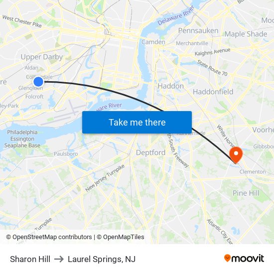 Sharon Hill to Laurel Springs, NJ map