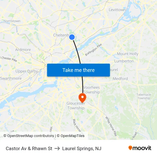 Castor Av & Rhawn St to Laurel Springs, NJ map