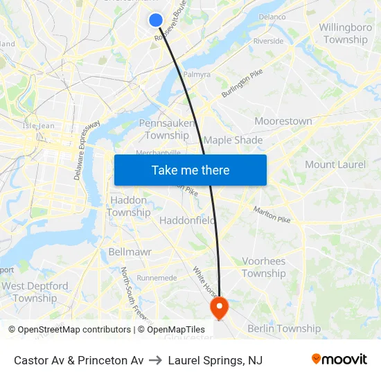 Castor Av & Princeton Av to Laurel Springs, NJ map