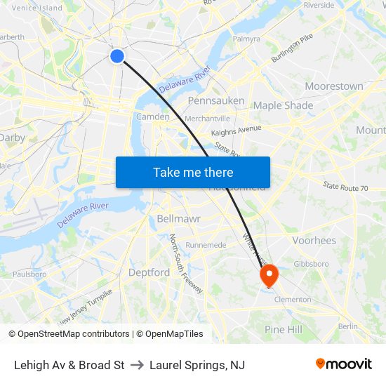 Lehigh Av & Broad St to Laurel Springs, NJ map