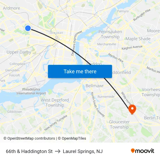 66th & Haddington St to Laurel Springs, NJ map