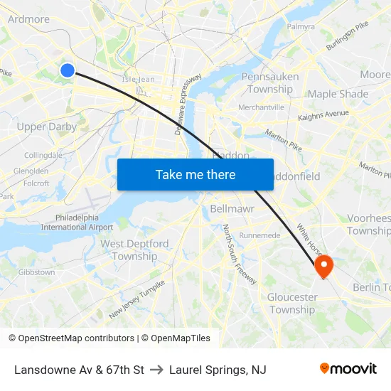 Lansdowne Av & 67th St to Laurel Springs, NJ map