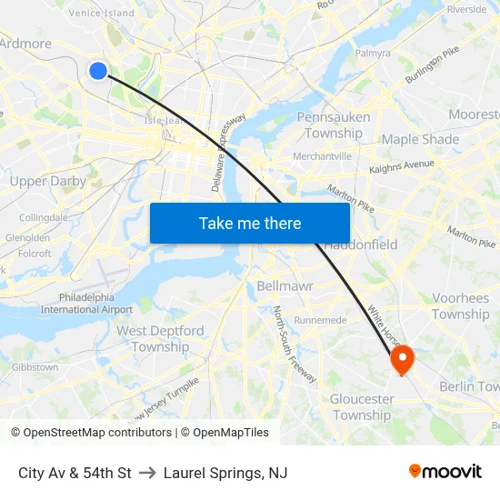 City Av & 54th St to Laurel Springs, NJ map
