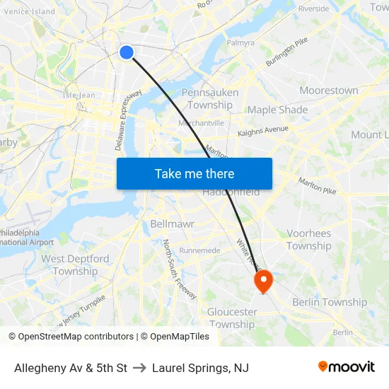 Allegheny Av & 5th St to Laurel Springs, NJ map