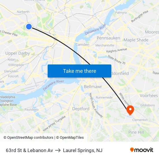 63rd St & Lebanon Av to Laurel Springs, NJ map