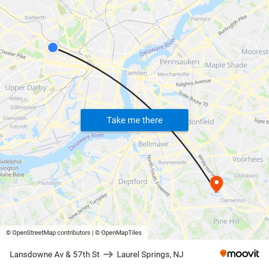 Lansdowne Av & 57th St to Laurel Springs, NJ map