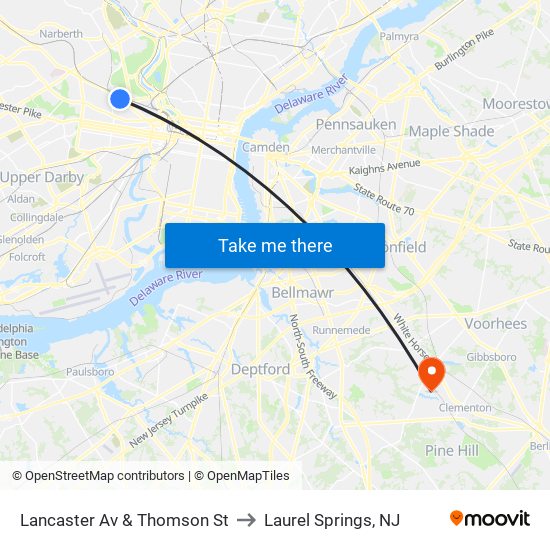 Lancaster Av & Thomson St to Laurel Springs, NJ map