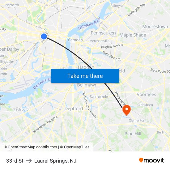 33rd St to Laurel Springs, NJ map