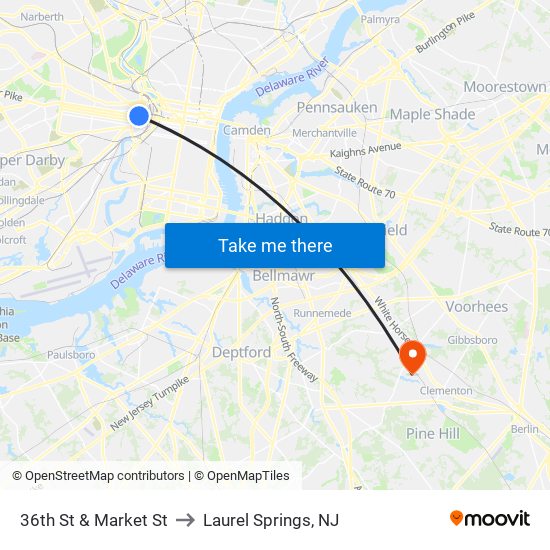 36th St & Market St to Laurel Springs, NJ map