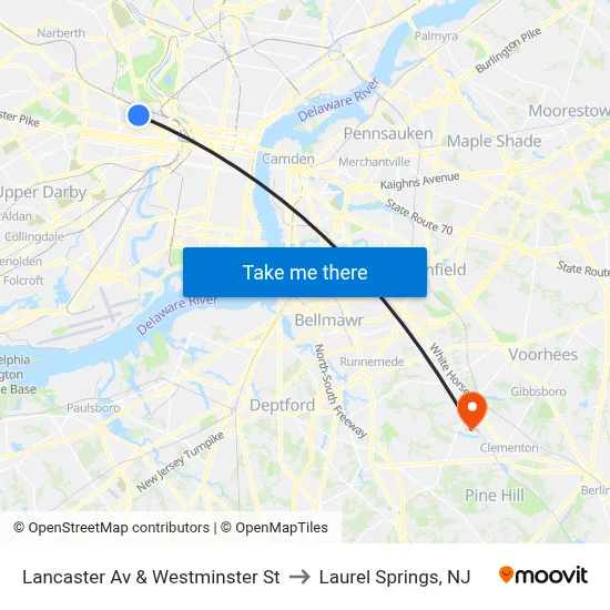 Lancaster Av & Westminster St to Laurel Springs, NJ map