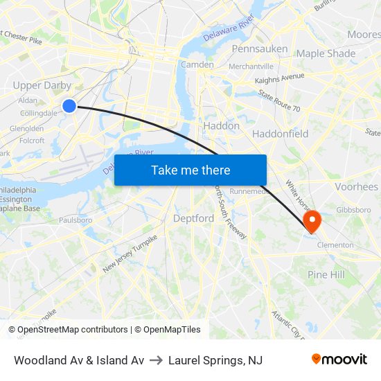 Woodland Av & Island Av to Laurel Springs, NJ map