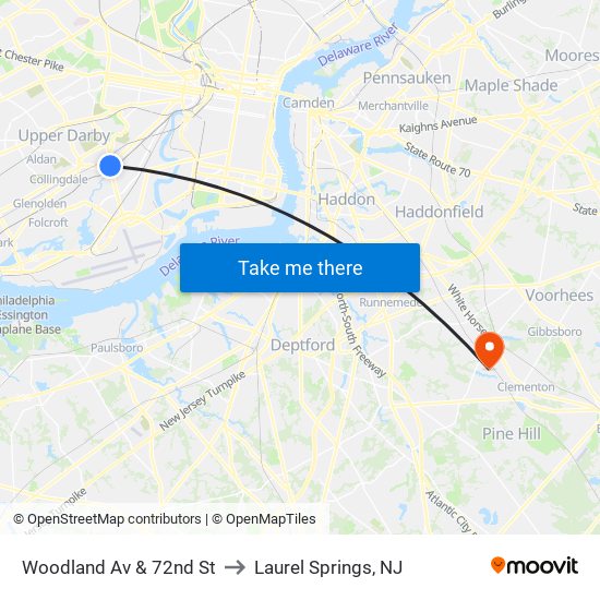 Woodland Av & 72nd St to Laurel Springs, NJ map