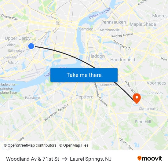 Woodland Av & 71st St to Laurel Springs, NJ map