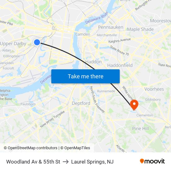 Woodland Av & 55th St to Laurel Springs, NJ map